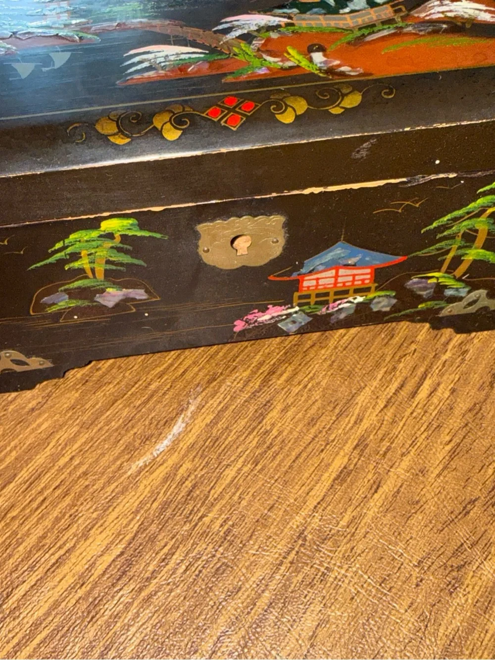 Black Lacquer Japanese jewelry box musical vintage
